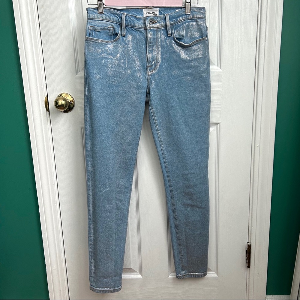 Frame Denim Mid Rise Le Skinny De Jeanne Metallic Skinny Jeans 27